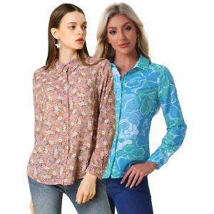 INSPIRE CHIC Women's Point Collar Long Button Sleeve Button Down Floral Shirt 2 Packs - 1 of 4