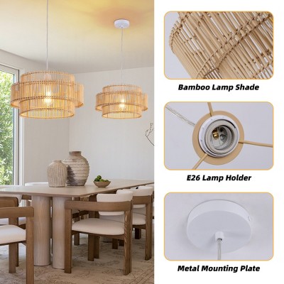 16'' Beige Bamboo and Metal Pendant Light with Adjustable Height