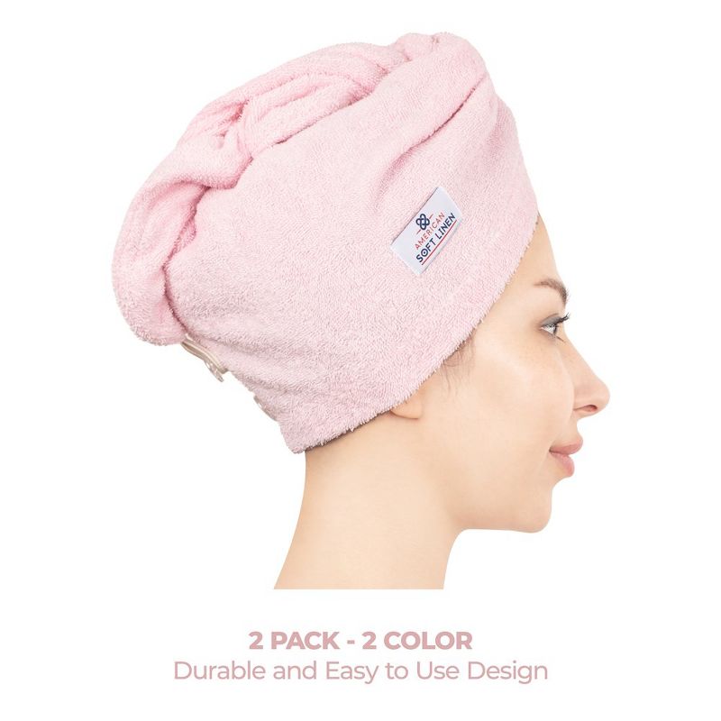 American Soft Linen 100% Cotton Hair Drying Towels for Women, 2 Pack Head Towel Cap, Cotton Hair Turban Towel Wrap, 4 of 9
