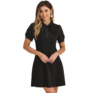 INSPIRE CHIC Women's Bow Tie Keyhole Neck Puff Sleeve Elegant Work Dress - 1 of 4