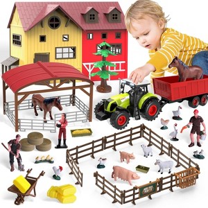TEMI 69-Piece Farm Animal Toys Set with Tractor, Trailer, Fence & Figures, Complete Farm Playset for Kids and Toddlers Ages 3-12 - 1 of 4