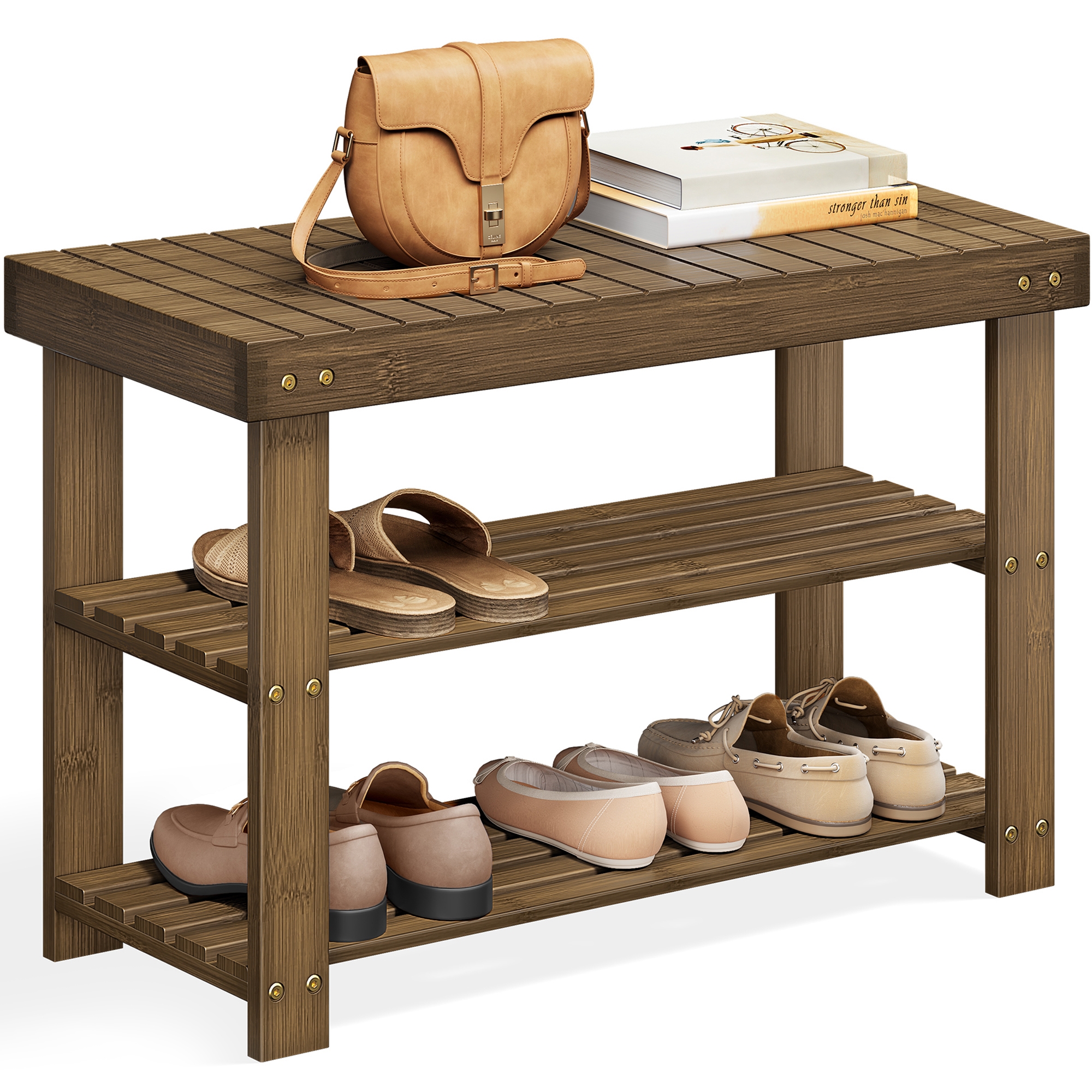 LEDREM Shoe Rack Bench, 3-Tier Bamboo Shoe Storage Organizer, Entryway Bench Color Walnut