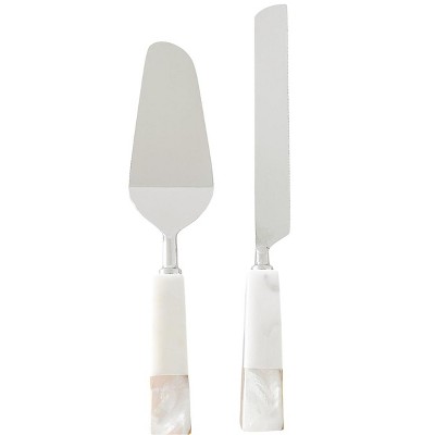 Mother of Pearl White Marble Cake Knife Serving Set - Anaya