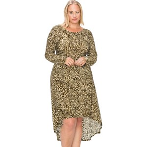 Slickblue Plus Size Cheetah Print Dress, Round Neck, V-Line Back, High-Low Hem, Long Sleeves, Olive/Rust, Size 1XL-3XL - 1 of 4