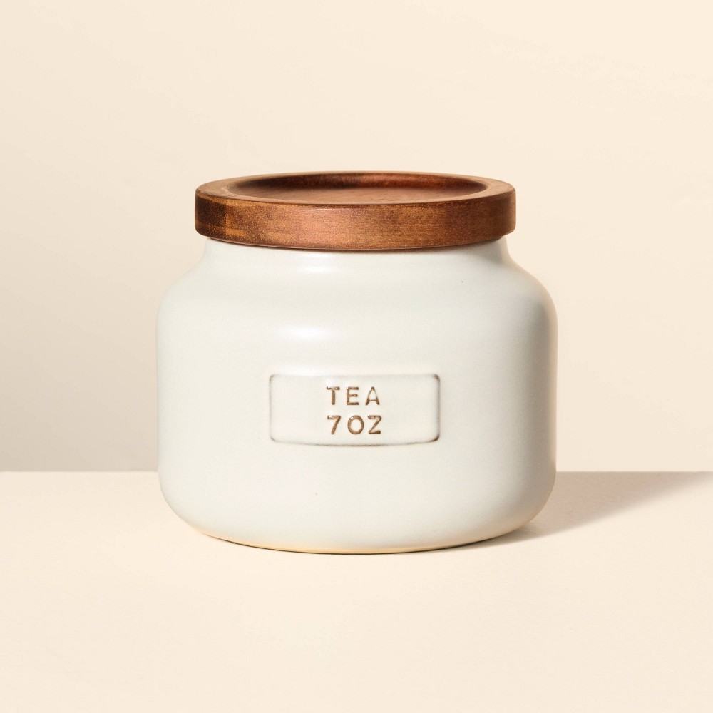 7oz Stoneware Tea Canister with Wood Lid Cream/Brown - Hearth & Handâ„¢ with Magnolia: Matte Glazed, Airtight Seal, Hand Wash