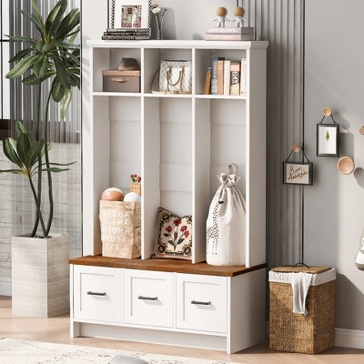 TIRAMISUBEST Modern Hall Tree with Entryway Bench, 3 Shelves and Drawers, 40.2'' Wide Hall Tree with Storage Bench for Hallway, Entryway, Living Room