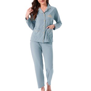 INSPIRE CHIC Women's Lounge Set Cotton Ribbed Button Up Long Sleeve Pants Pattern with Pocket Pajama Set Loungewear - 1 of 4