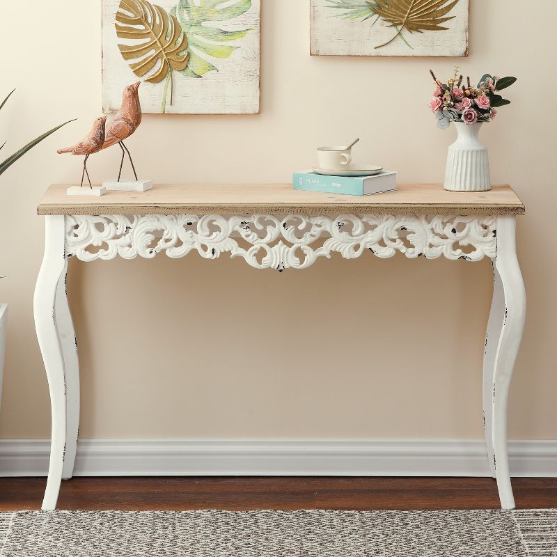 LuxenHome Victorian Off White and Natural Wood Console and Entry Table Off-White, 2 of 10