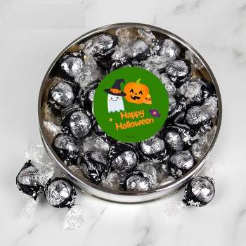 Halloween Candy Gift Tin with Chocolate Lindor Truffles by Lindt Large Plastic Tin with Sticker By Just Candy - Cuties