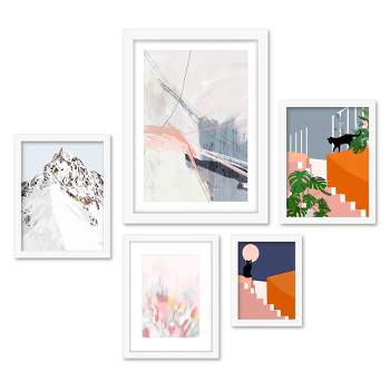 Americanflat 5 Piece White Framed Gallery Wall Art Set Abstract Modern - Pink & Orange Abstract Mountain Cat