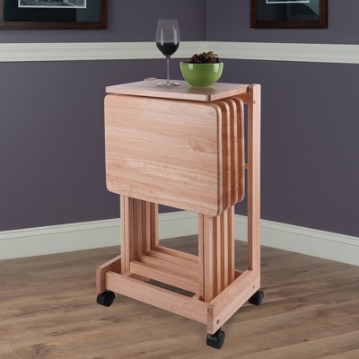 Natural Wood 5-Piece Snack Table Set with Serving Cart