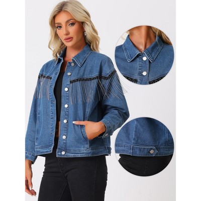 Allegra K Women's Button Front Tassel Beads Rhinestone Fringe Jean Jacket Blue Small — фото 2