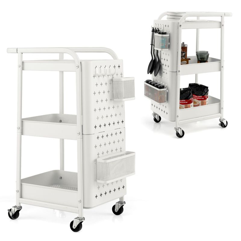 Costway 3-Tier Rolling Cart Storage Trolley Organizer w/ DIY Dual Pegboards, Mobile Metal Utility Cart on Wheels Serving Cart for Kitchen Office, 4 of 11