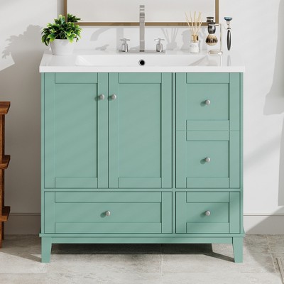 Whisen 36" Bathroom Storage Cabinet Bathroom Vanity with Resin Sink, USB Charging, Two Doors and Three Drawers