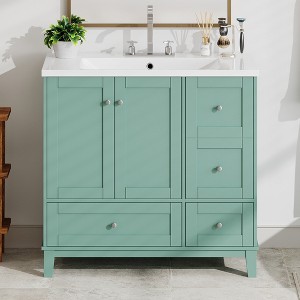 Whisen 36" Bathroom Storage Cabinet Bathroom Vanity with Resin Sink, USB Charging, Two Doors and Three Drawers - 1 of 4
