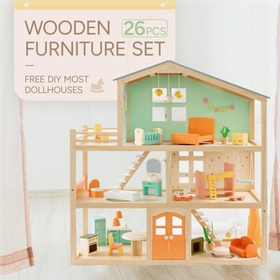 Etokfoks 26 Pcs Large Wooden Dollhouse Furniture Set for Kitchen Living Room Bedroom Bathroom Babyroom Kids Toy Accessories — фото 6