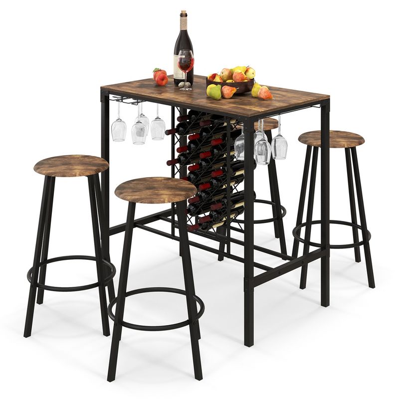 Costway 5PCS Bar Table & Stools Set Industrial Bistro Set with Wine Rack & Glass Holder, 1 of 6