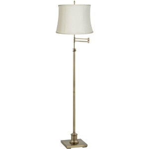 360 Lighting Swing Arm Floor Lamp Adjustable 70" Tall Antique Brass Creme Fabric Drum Shade for Living Room Reading Bedroom Office - 1 of 3
