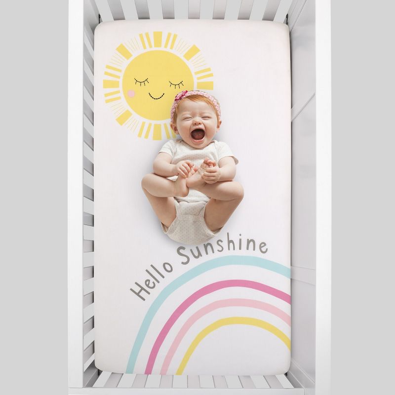 NoJo Happy Days Pink, Yellow, Blue and White, Rainbows and Hello Sunshine 100% Cotton Photo Op Nursery Fitted Crib Sheet, 4 of 7
