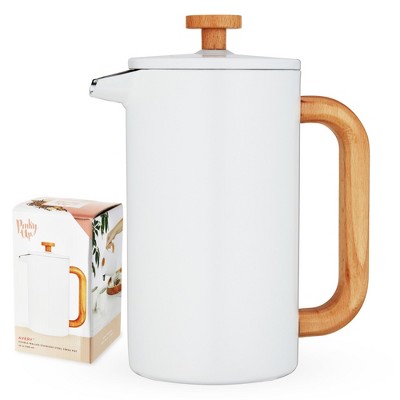 Pinky Up Martha Double Walled Stainless Steel Press Pot Tea and Coffee Maker, Loose Leaf Tea Accessories French Press Brewer, 34 Oz, Set of 1, White