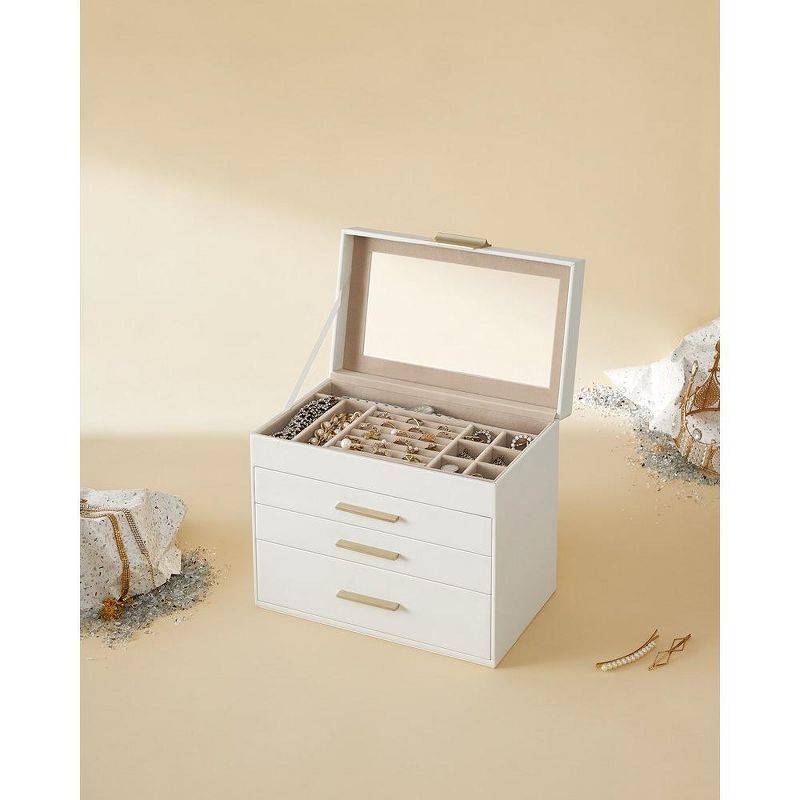 SONGMICS 4-Layer Jewelry Box with Glass Lid Jewelry Organizer for Sunglasses Big Jewelry Storage Cloud White and Gold Color, 2 of 5