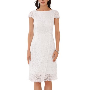 INSPIRE CHIC Women's Floral Lace Cap Sleeve Boat Neck Cocktail Midi Wedding Guest Dress - 1 of 4