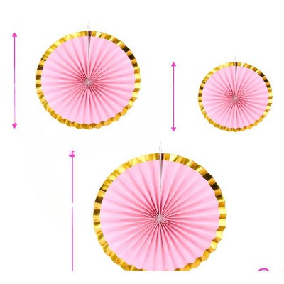 Pink and Gold Border Hanging Paper Fans Set of 6