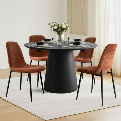 Extendable Dining Table Set for 4, Modern Black Pedestal Table with Upholstered Metal Leg Chairs for Kitchen or Dining Room-Tanpinhause