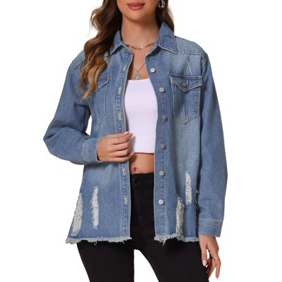 INSPIRE CHIC Women's Denim Oversized Frayed Hem Pockets Long Sleeve Button Down Jacket