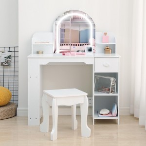 Kids Vanity with Lighted Mirror & Stool, Little Girls Vanity with Adjustable LED Light, Bookshelf, Storage Drawer & Shelves for Girls 3-9 - 1 of 4