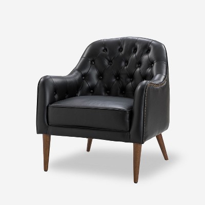 Justo 28.5" Wide Tufted Genuine Leather Wood Legs Accent Barrel Chair for Living Room with solid wood legs | ARTFUL LIVING DESIGN