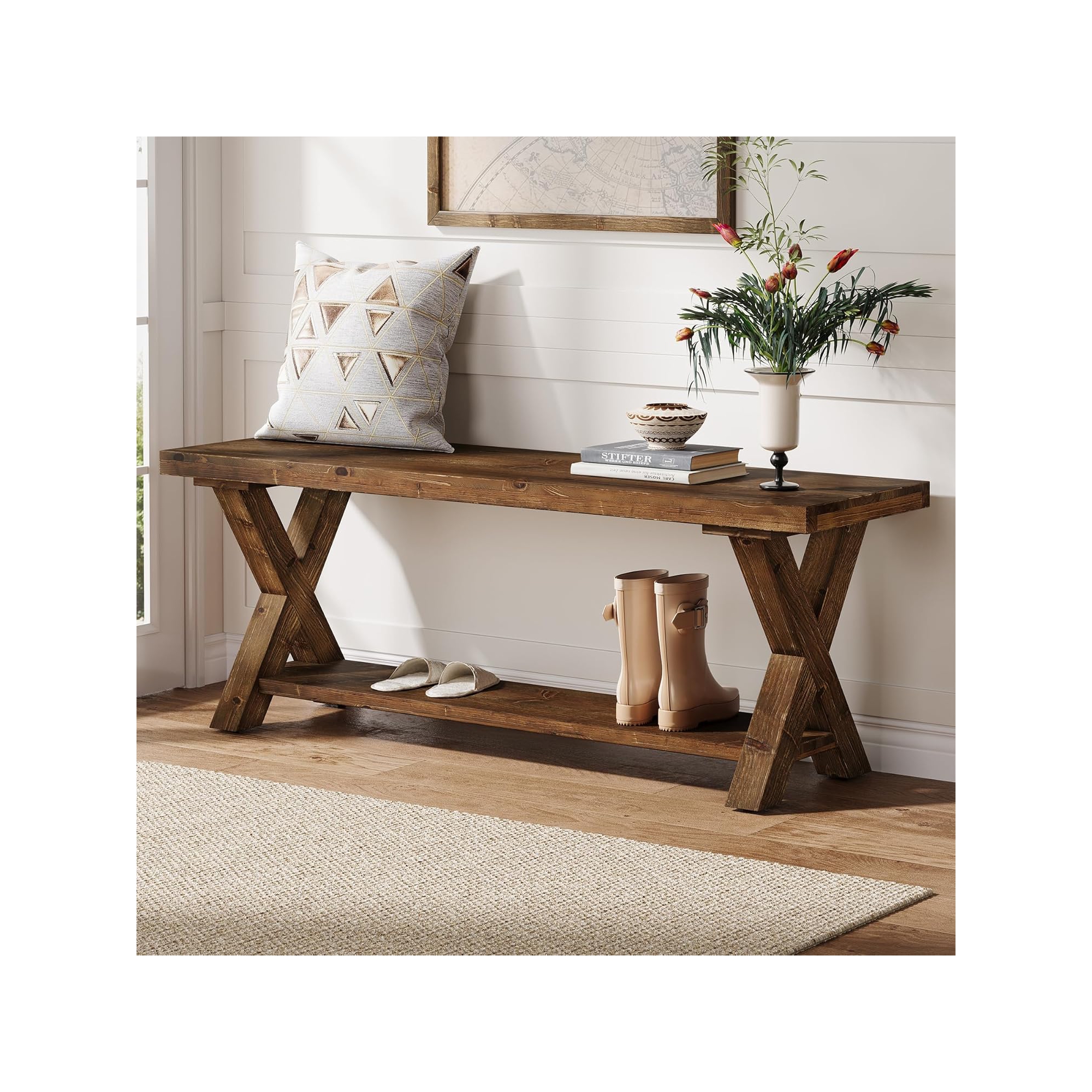 Lantine 43.3" Solid Wood Bench, Wooden Entryway Bench with Storage Shelf, X-Shaped Leg Design, Shoe Benches Seat for Hallway, Bedroom, Living Room