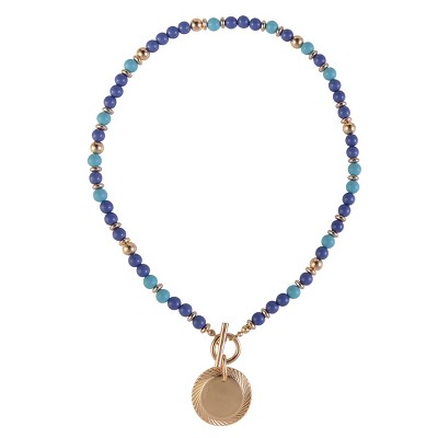 RACHEL Rachel Roy Blue Beaded Toggle Necklace with Gold Tone Disc Pendant