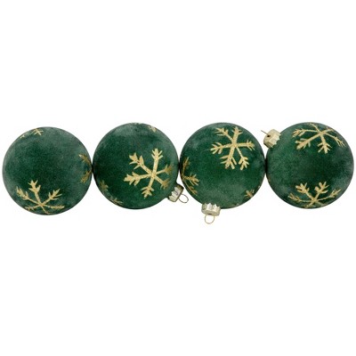 Green Velvet Glass Christmas Ball Ornaments with Gold Snowflakes, Set of 4