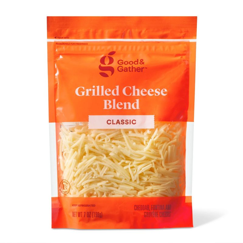 A package of Good & Gather Grilled Cheese Blend Classic, containing 7 oz (198g) of shredded cheese.
