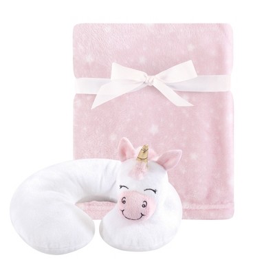 Hudson Baby Infant Girl Neck Pillow and Plush Blanket Set, Pink Unicorn, One Size