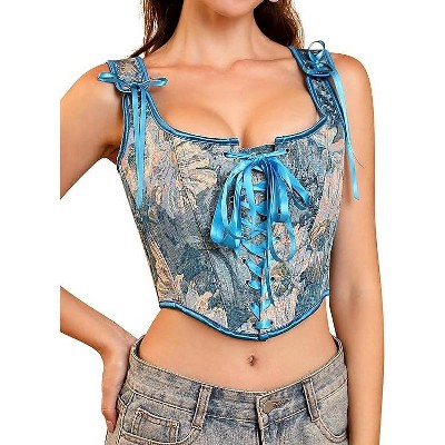 Acekool Women’s Vintage Floral Corset Lace-Up Vest, Vintage Pirate-Inspired Bustier with Embroidered Print