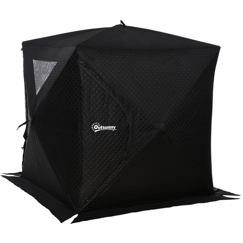 Outsunny 2 Person Ice Fishing Shelter with Padded Walls, Thermal Waterproof Portable Pop Up Ice Tent with 2 Doors, Black, 1 of 9