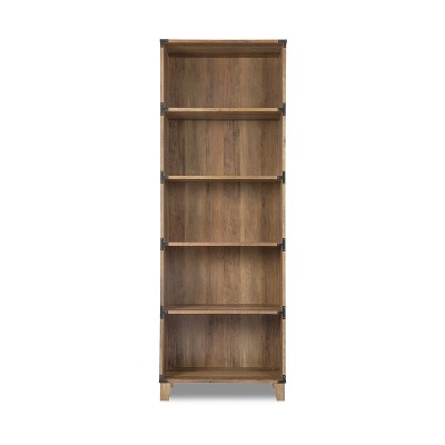 Rustic Oak 5-Shelf Bookcase with Black Metal Brackets