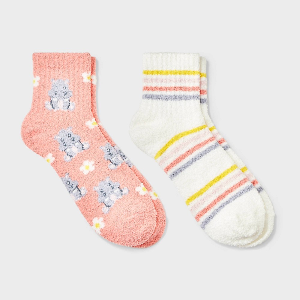 Women's Floral Hippo 2pk Cozy Quarter Crew Socks - Pink Combo 4-10
