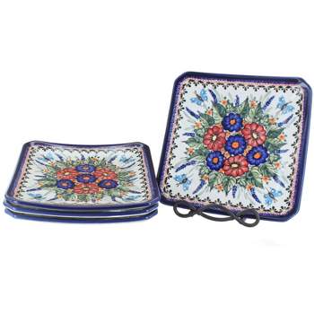 Blue Rose Polish Pottery 2040-4 Zaklady Sq Dessert Plate Set