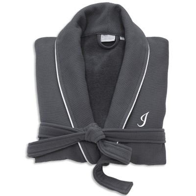 Linum Home Textiles Hotel 100 Percent Turkish Cotton Waffle Terry Personalized Dark Gray Bathrobe with Satin Piped Trim in White Script Font