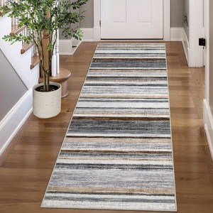 Modern Runner Rug 2x6 Washable Striped Accent Carpet with Non-Slip Backing, Stain-Resistant Low Pile Hallway Rug, Foldable Contemporary Floor Cover - 1 of 4