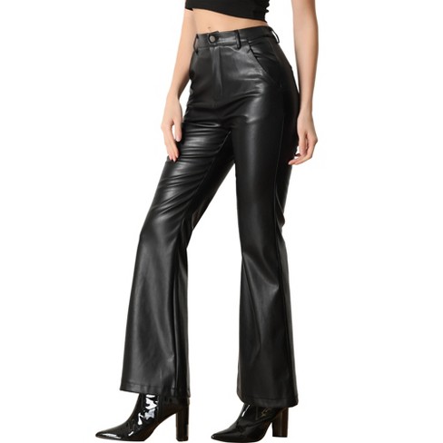 Allegra K Women's High Waist Bottom Flared Faux Leather Pants Black X-Small