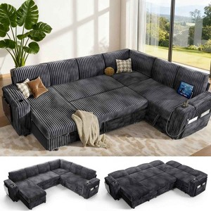 Vipbear 110" Modular Sectional Sleeper Sofa with Pull Out Bed, 7 Seat Chenille L Shaped Couch with Reclining Backrest|USB Ports Tool Free Assembly - 1 of 4