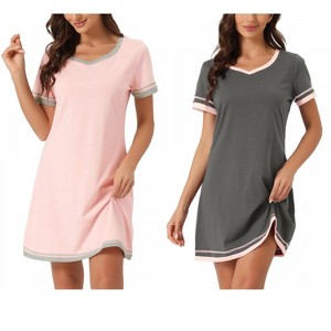 INSPIRE CHIC Women's 2 Pcs Short-Sleeve Nightshirt Color-Block V-Neck Sleepdress Set - 1 of 4