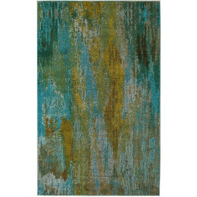 Turquoise and Gray Abstract Rectangular Area Rug, 5' x 8'