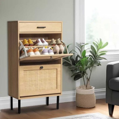 KTMBDW Shoe Cabinet Storage with 2 Flip Drawers, Free Standing Wooden Shoe Storage Organizer Cabinet with Rattan Doors for Entryway, Hallways