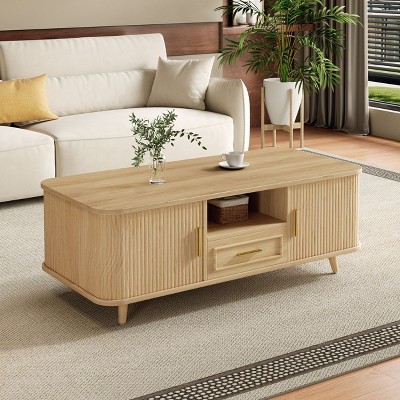 ORRD Mid-Century Modern Coffee Table with Tambour Doors - Walnut 6-Compartment Storage Table for Living Room