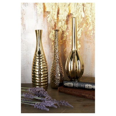 Gold Slim Textured Ceramic Vase Set of Three